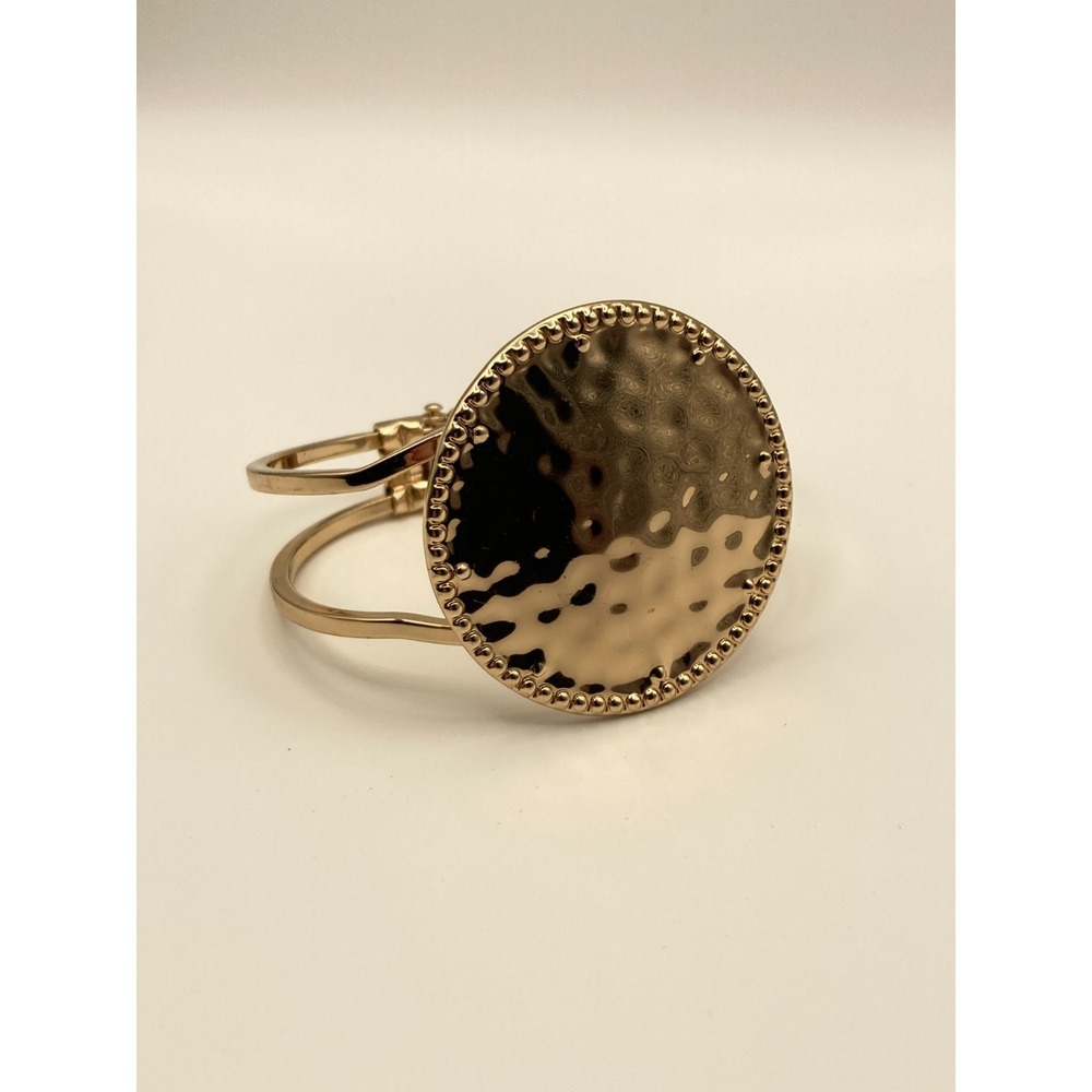 Gold Tone Hinged Bangle Bracelet Brutalist‎ Hammered Disc Statement Couture